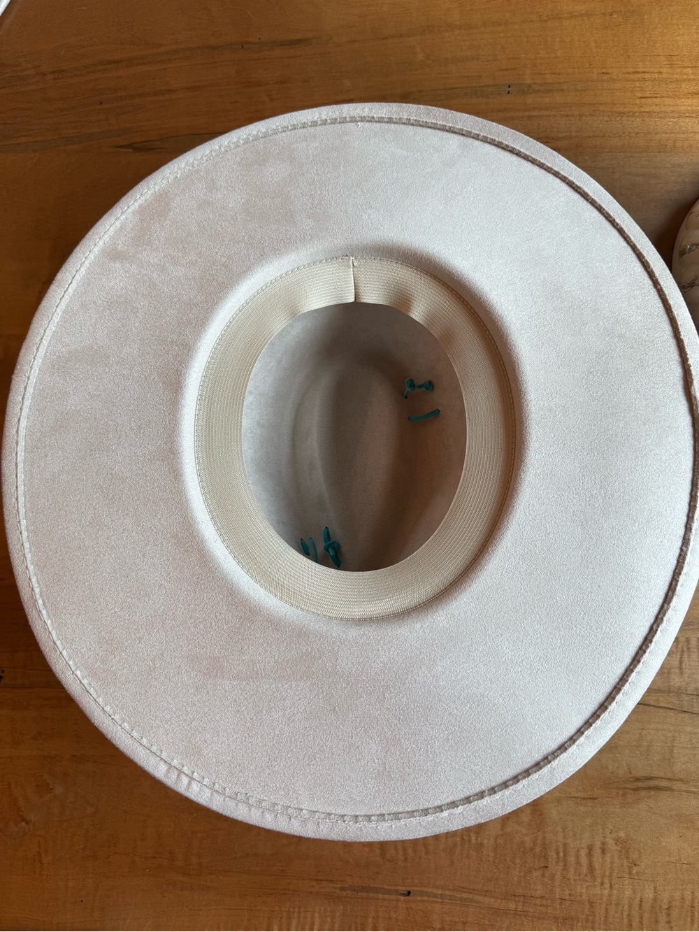Hand Crafted Cream Vegan Suede Wide Brim Hat with Teal/Gray Accents - Picture 9 of 11
